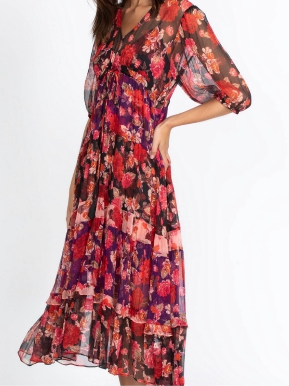 Johnny Was Jade Black Maxi Dress with Red and Purple Floral Print S